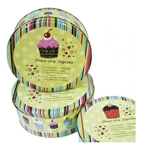 Set De 3 Canister Redondos De Metal Diseño Cupcakes