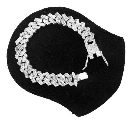 Pulseira 14mm Cravejada Quadrada Prata 925 Maciça 19 Cm