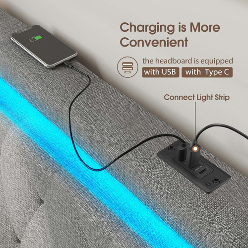 Cabecero Cama Individual Luces Led Usb Altura Ajustable