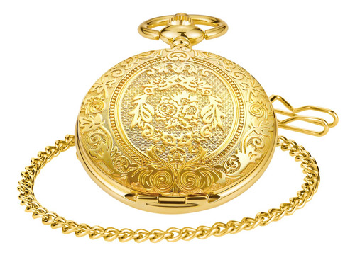 Reloj De Bolsillo Dorado Con Patrón Floral Y Números Romanos