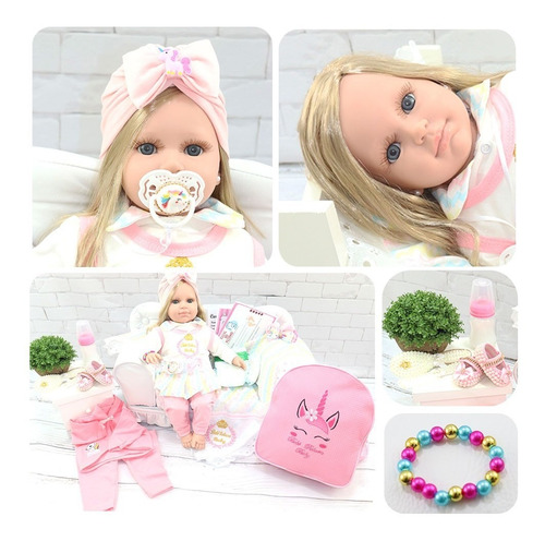 Boneca Bebê Reborn Luxo Rosa Vários Itens E Mochila