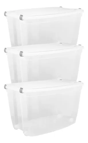 03 Caixa Organizadora Grande Plástico 78 Litros Transparente Transparente Liso