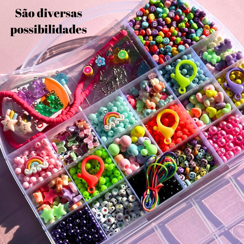 Maleta Kit Miçangas Colorida Infantil Pulseira Colar Brinco