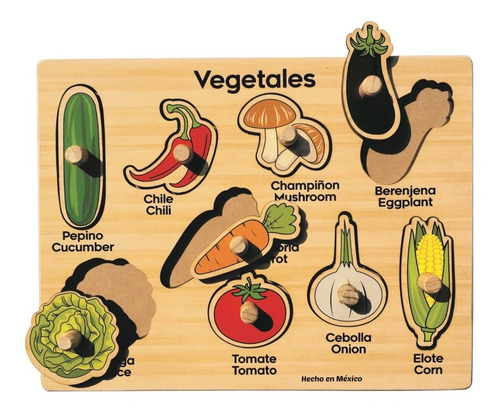 Rompecabezas De Madera 9pz Vegetales Ing-esp Didactico