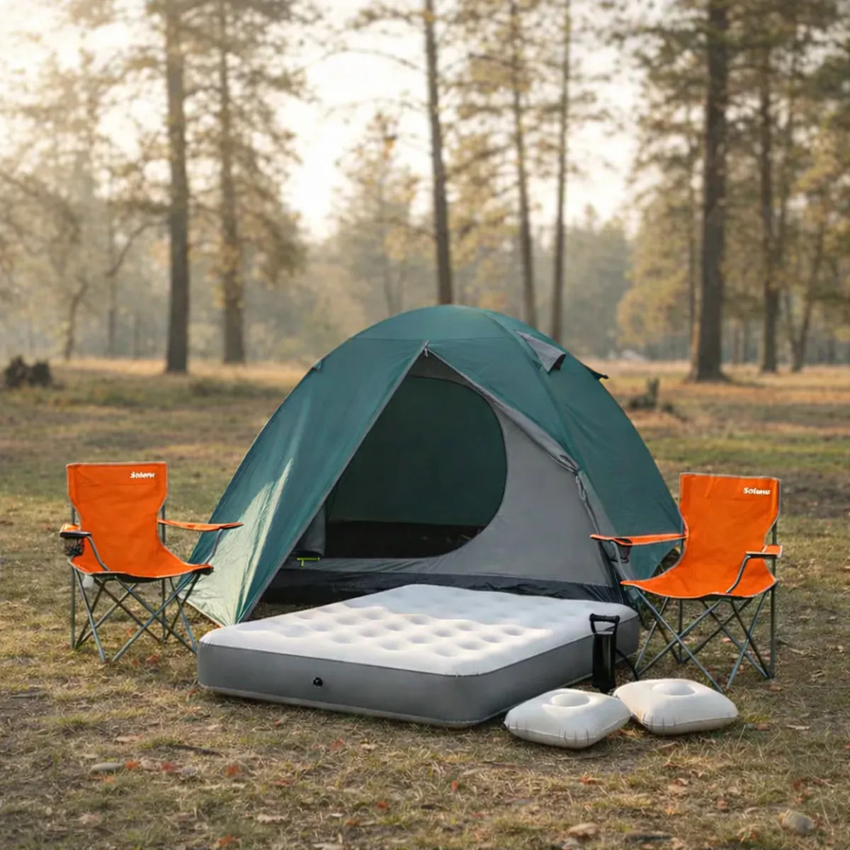 Carpa 4 Personas Colchón 2p Almohada X2 Sillas X2 Inflador Color Verde-gris-naranja