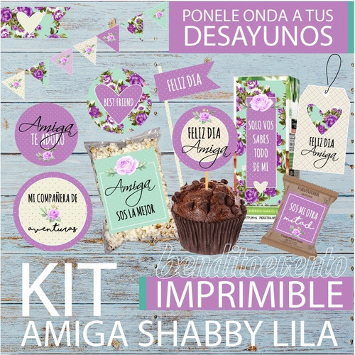 Kit Imprimible Desayuno Amiga Shabby Dia Del Amigo Violeta