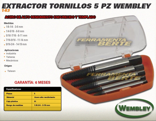 Imagen 3 de 4 de Juego Extractor Tornillos Rotos Wembley 5 Pz Acero 3 A 19 Mm Machos Cod. 143 Dgm