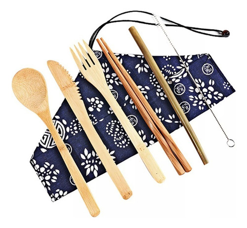Juego Cubiertos Portátiles Bambú Reutilizables