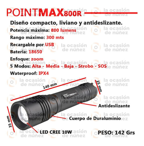 Imagen 2 de 7 de Linterna Led Tactica De Mano Spinit Recargable Pointmax 800r