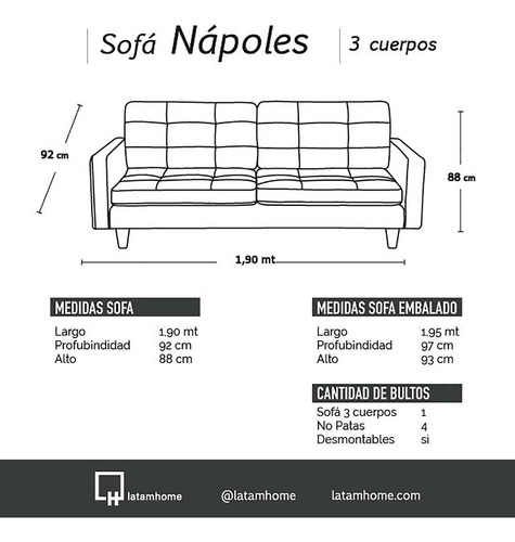 Sofa Napoles 3 Cuerpos Tela Velvet - Latam Home