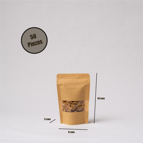 Imagen 3 de 6 de 50 Bolsa Stand Up Pouch Con Cierre Kraft Ventana De 50 Grs