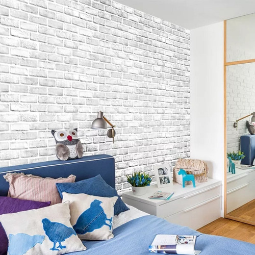 Imagen 6 de 10 de Papel Tapiz Ladrillos Blanco Adhesivo 45cm X 10 Mt 3d Mayore