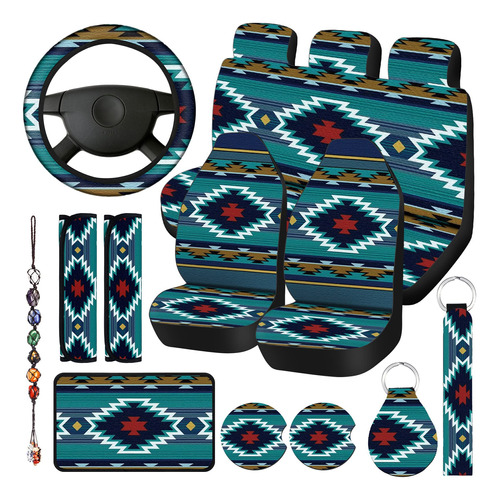 Riakrum 15 Pcs Blue Aztec Print Car Seat Covers Full Set For