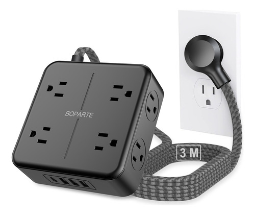 Boparte Regleta Multicontactos S20 Con 8 Tomas 3 Usb Y 1 Tipo C, 3m Largo Del Cable, Negro