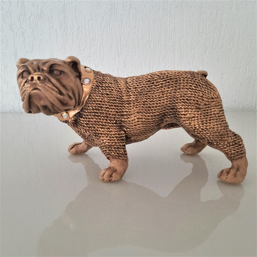Estátua Cachorro Bulldog Com Coleira Escultura Gesso