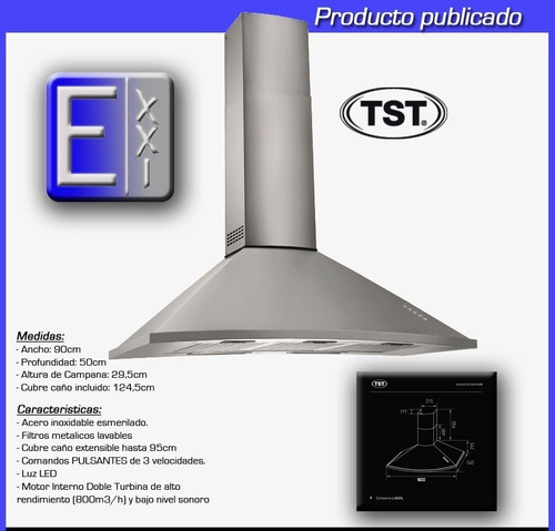 Imagen 4 de 10 de Campana De Cocina Tst Lanin 90cm Pared Acero 3v - Ahora 18