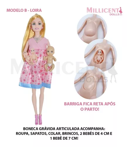 Boneca Estilo Barbie Grávida Articulada + 3 Bebês! Baby - R$ 109,9