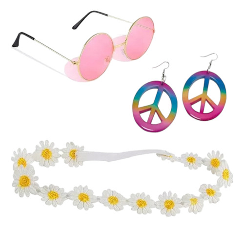 Set Accesorios Hippie 3 Piezas Cotillón Cumpleaños Disfraz