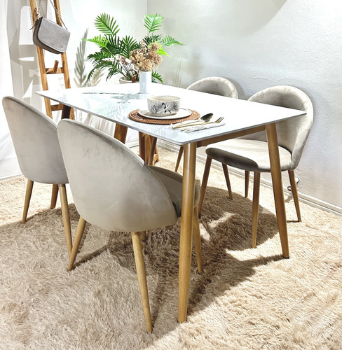 Juego Comedor Mesa Bulnes Neolith 140cm + 4 Thea Nordicas Taupe Pana