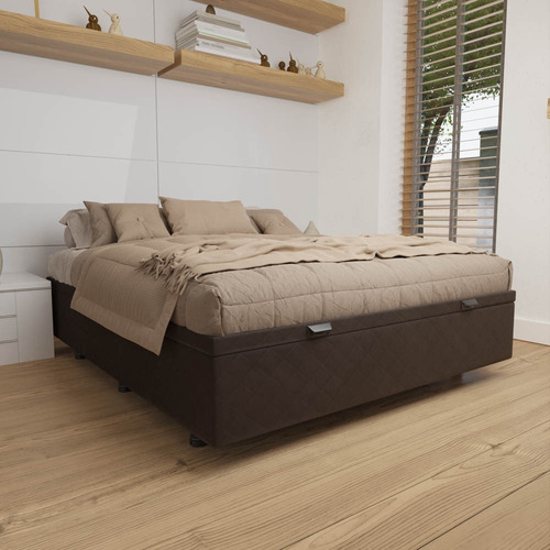 Base Box Baú Cama Casal 138x188cm Liz Suede Bordado Marrom
