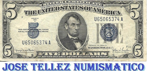 Ee Uu Antiguo Billete 5 Dolares 1934 Sello Azul Mb Palermo