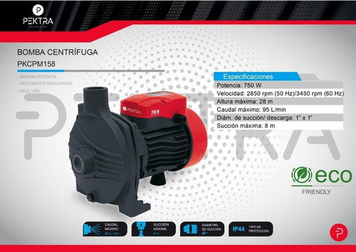 Imagen 8 de 10 de Bomba Centrifuga Pektra 1hp 28m 5700 L/h Turbina Elevada