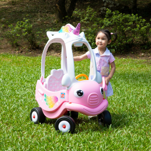 Cochecito de cuadriciclo para niños con cuerno de unicornio rosa