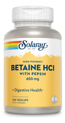 Betaína Hcl Con Pepsina 650 Mg Solaray 100 Cápsulas Vegetale