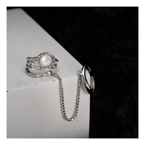 Doble Anillo Con Cadena Perla 8mm Plata S925 Moda Mujer
