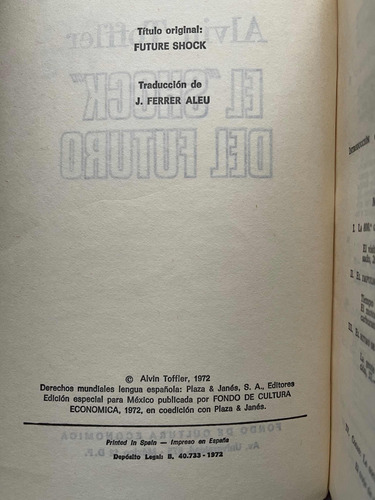 El Shock Del Futuro Alvin Toffler Primera Edición (Usado)