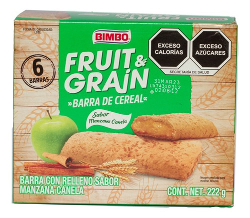 3 Pzs Bimbo Barras De Cereal Rellenas Manzana Canela Fruit &