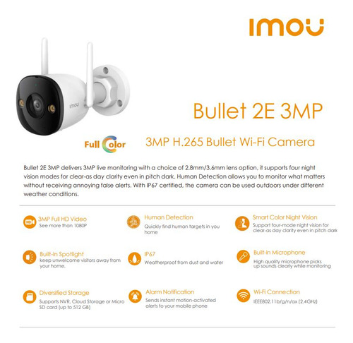 Cámara Ip Imou Bullet 2e 3mp Wifi Full Color 2.8mm Ip67