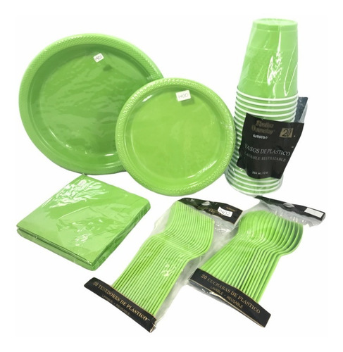 Súper Kit Kiwi Limon Desechables P 20 Platos Vasos Serv Cubs