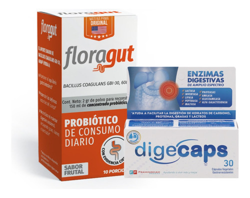 Floragut Probiotico Estable + Digecaps Enzimas Digestivas Sabor Sin Sabor