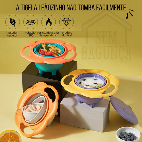 Prato Giro Bowl Infantil Cinza e Laranja Sem Bagunça Pratinho Mágico Giratório Com Tampa Gira 360 Para Bebê E Criança Não Derrama