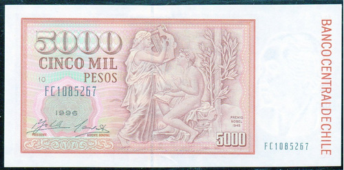 Billete De Chile 5.000 Pesos Año 1996 Zahlher Carrasco  Unc