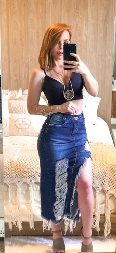 saia jeans midi cintura alta