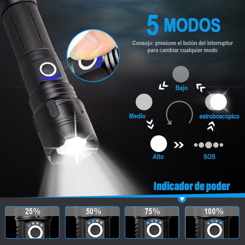 Linterna Led 2400 Lúmenes Recargable Usb Impermeable