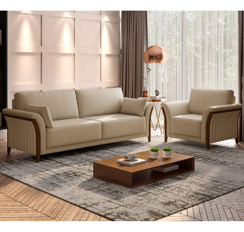 Kit Sofá 02 Lugares 162cm Com 02 Poltronas Stefan Pés Madeira M03 Linho Bege Escuro