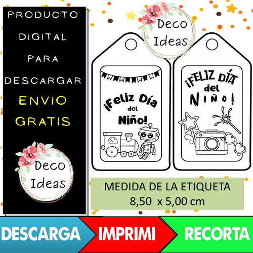 Imagen 2 de 4 de Kit Imprimible Tag Feliz Dia Del Niño Pdf 01 Blanco Negro