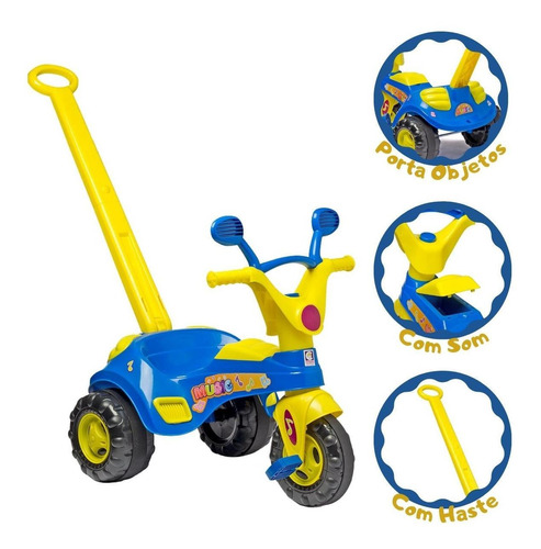 Triciclo Infantil Menino Motoca C/ Som E Haste Cotiplas Azul