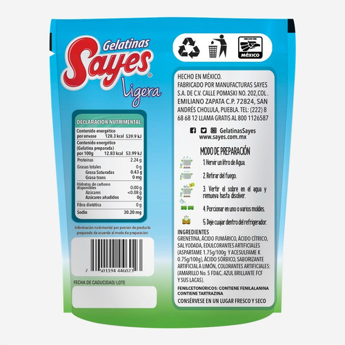 Imagen 4 de 4 de Gelatina Ligera Sayes Sabor Limon 24 Piezas De 24gr