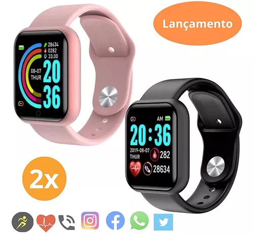 2 Relógios Inteligente Smartwatch Notifica Whats Face Insta Cor Da Pulseira Preto E Rosa