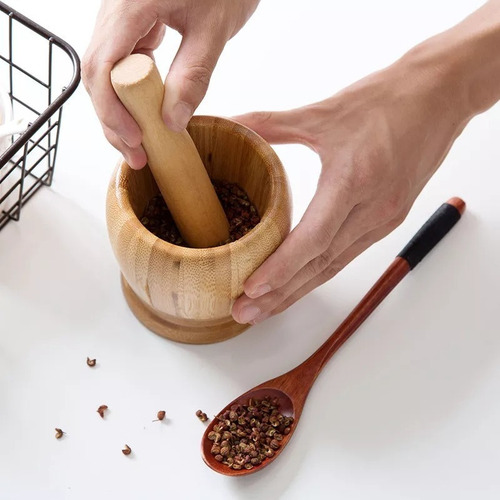 Mortero Madera Bambu Moler Machacador Pison Cocina Especias
