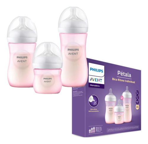 Kit 3 Mamadeira Avent Pétala 3.0 125, 260, 330ml Rosa Cor Rosa-claro Liso