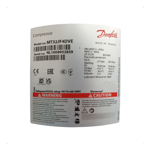 Compressor Danfoss 3hp A 3,3hp Trifásico 380v R22 Mt32-4vi
