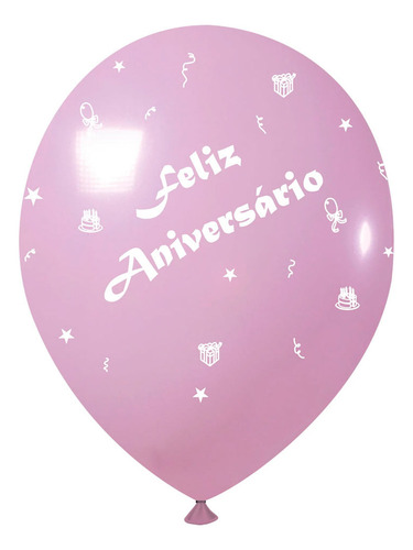 Balão Látex Feliz Aniversário Balões Joy 9pol 25und Cor Rosa Claro E Branco