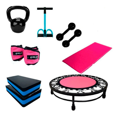 Kit Ginástica Mini Jump + Pesos + Colchonete + Step + Bola Cor Rosa