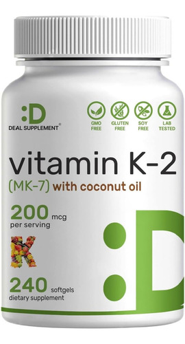 Vitamina K2 200mcg (mk7) Con 240 Softgels Hecho En Usa Sabor Sin Sabor