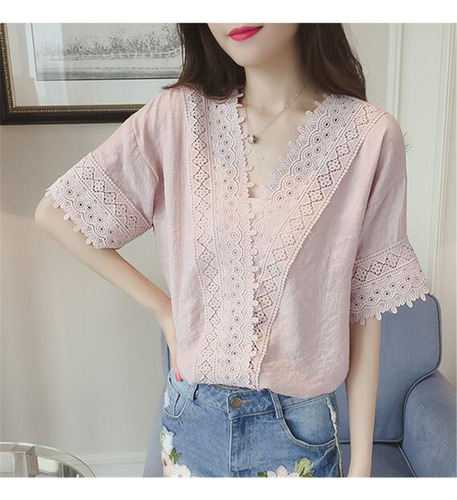Blusa De Chifón Con Cuello En V Y Manga Corta En Color Liso